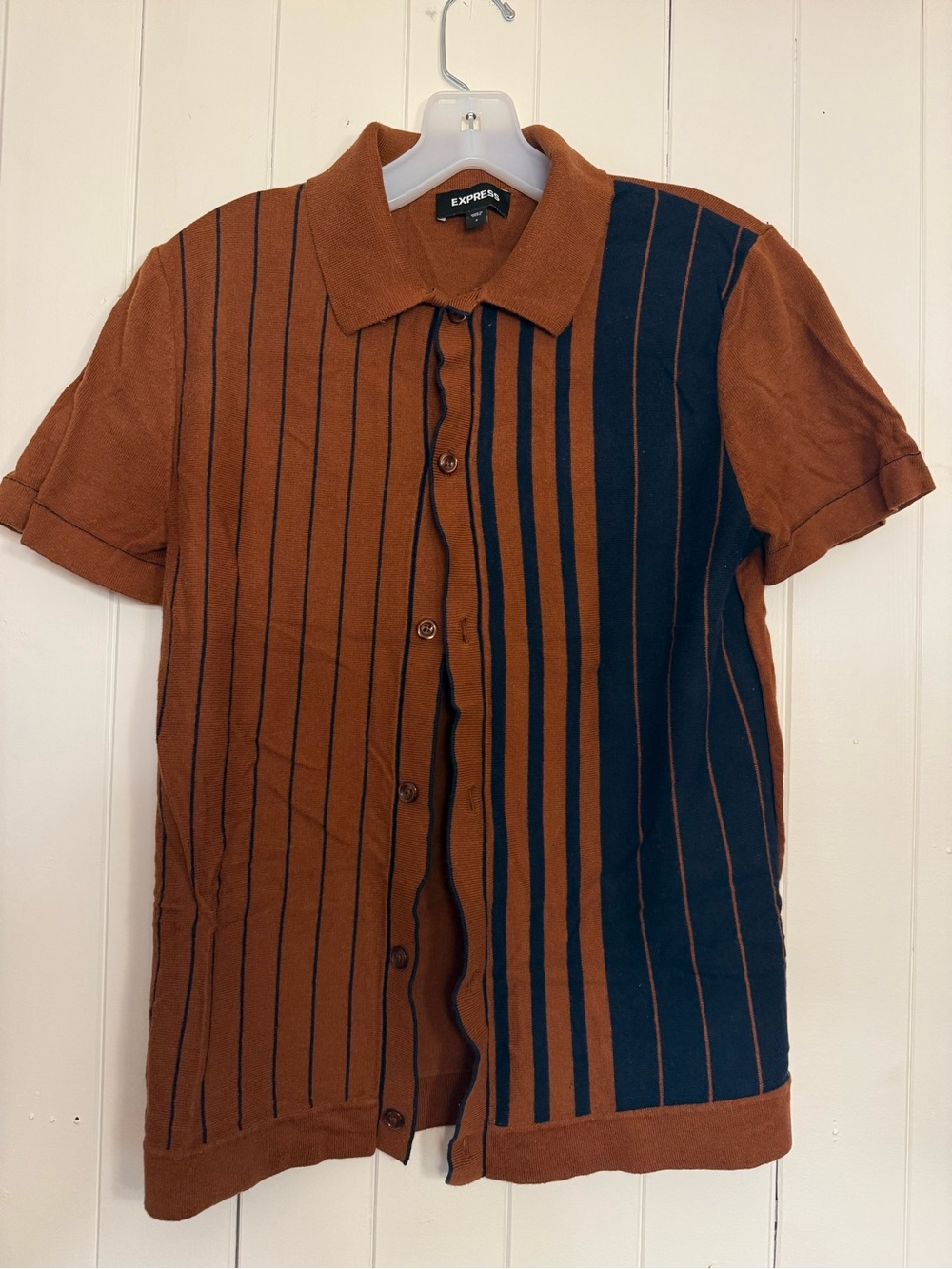 Express Short-Sleeve Knit Polo in Rust and Navy Stripe